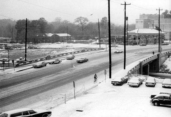 Looking down at the old Atlanta train depot in the midst of Snow Jam 82