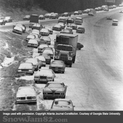 Abandoned vehicles scattered along I-285 during a snow storm that left highways icy and congested - January 12, 1982 – George A. Clark